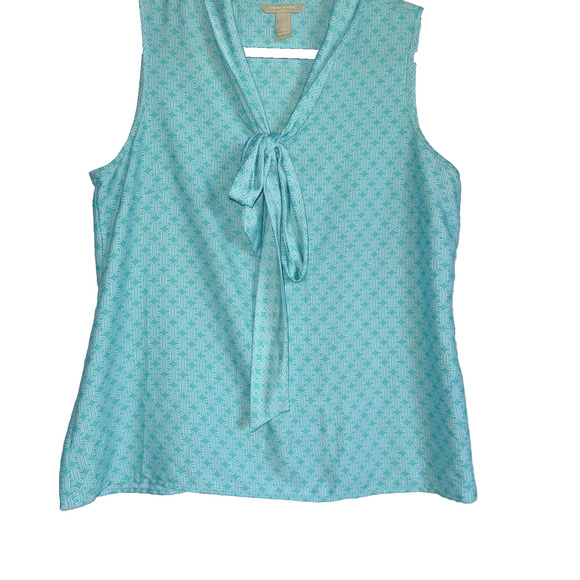 Banana Republic Womens Bow Blouse Sleeveless Tie Neck Sz L Aqua Mint Geometric - Picture 3 of 7